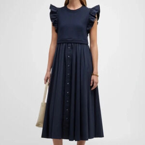 Cinq a Sept Navy Zaha Pleated sleeveless Ruffle Shoulder Maxi Dress. Size XS